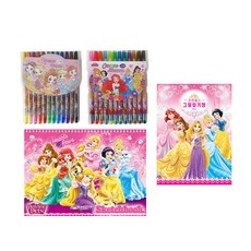 韓國 hM PLUS 1977 ATTO DISNEY PRINCESS 彩色鉛筆+鋼筆+繪圖日記+速寫本文具套裝, 12色(彩色鉛筆)、12色(簽字筆)、顏色隨機(寫生本), 1組