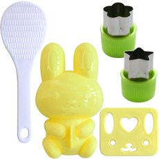 蔬菜造型模具 2入+兔子米飯模具+火腿切割模具+飯勺組, 黃色（米框），隨機發貨（異形框）, 1組