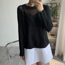 뜨개진 여성용 루즈핏 시스루 스카시 래글런 베토니 라운드 니트