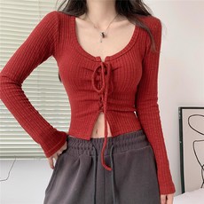 PEONIST 女款綁帶設計短版修身長袖針織衫