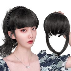 HiYuni 麻花辮側邊瀏海假髮髮帶, 自然黑, 1個