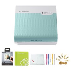Canon 佳能 5色印花照片列印機 薄荷綠+配件 5件組+方形相冊 隨機出貨, SELPHY SQUARE QX10（打印機）、XS-20L（相紙）