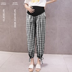 格紋可愛蝴蝶結毛圈布高腰孕婦束口褲