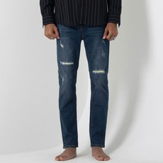 골드퍼센트 남성용 테이퍼드핏 스트링 밴딩 워싱 데미지 데님 팬츠