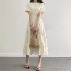 荷葉邊短袖連身長裙, 乳霜