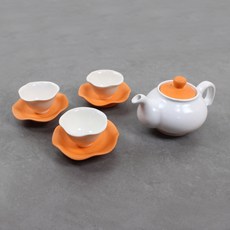 Dalsogum 陶瓷茶壺茶杯 傳統茶道 阿拉丁茶具 3人套組, 1套, 白色 + 橘色(紅柿套組), 茶壺 + 茶杯 3p + 茶杯托 3p