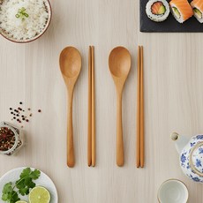 파뷔에 티크 원목 항균 수저 2인 세트, 우드, 1세트, 숟가락 2p + 젓가락 2p