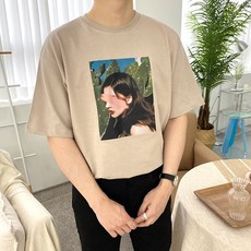 OTD 寬鬆16支棉印花短袖T恤, 淺褐色