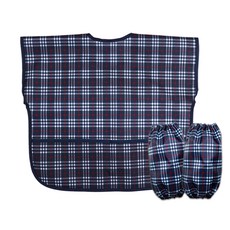 Derhappy 兒童經典格紋防水短袖美術圍裙袖套組 10, 海軍藍