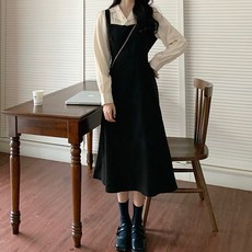 多層次襯衫喇叭形連身長裙, 黑色