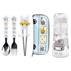 Kitchen U兒童用蹦蹦車子筷子+湯匙+叉子+矽膠吸管水瓶 450ml+餐具盒組, 1組, 混色, 筷子+湯匙+叉子+矽膠吸管水瓶450ml+盒子