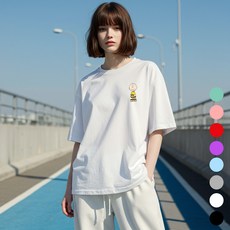 Moon Collection 男女通用 Peanuts 迷你 Logo 史努比 五分袖 寬鬆版 短袖 T恤, 白色