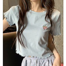 여성용 난달 자수 크롭 반팔 티셔츠