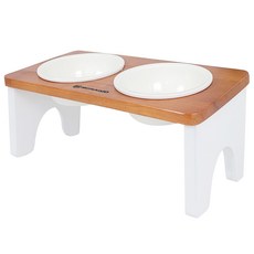 MONAGIO 寵物狗1格餐碗木桌 L號+陶瓷碗, 原木色 白色