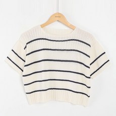 빼빼 여성용 보트넥 스트라이프 세미크롭 반팔 니트 티셔츠