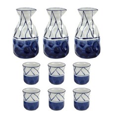 O椅A底藍格瓷酒瓶+酒杯2件套, 3套, 瓶子 3p + 玻璃 6p