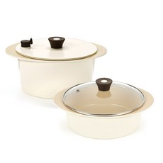 PAllAS IH爐適用 雙耳鈦晶陶瓷不沾湯鍋 2件組, 奶油, 24cm湯鍋+ 24cm火鍋 +24cm鑄造鍋蓋+24cm玻璃鍋蓋
