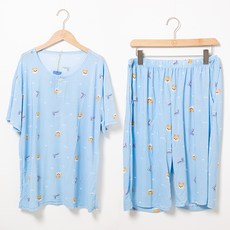 테라우드 남성용 냉감 패턴 잠옷 반팔 상의 + 5부 하의 세트