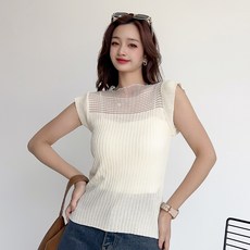 더시럽 여성용 포인트 스퀘어 시스루 골지 나시 니트