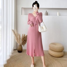 孕婦V領扭曲設計長袖連身裙