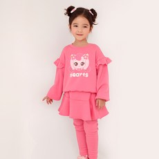 PremierFam 兒童奇妙萌可 愛心萌可 荷葉邊大學T + 裙子內搭褲 套裝