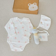 베이비앤아이 유아용 사계절 배냇슈트 + 모자 + 딸랑이 선물세트, 배미핑크, 1세트