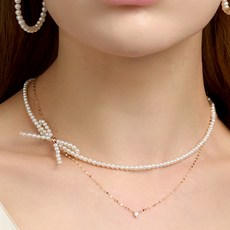 새미쥬얼리 여성용 14k 큐티즈 리본 담수 진주 목걸이 왼쪽 + 쇼핑백