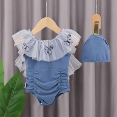 Bebeniz 女童蝴蝶蕾絲抓皺泳裝 + 帽子套組