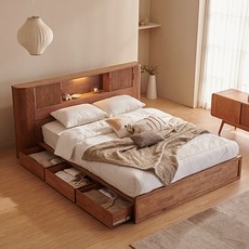 잉글랜더 웨스트 원목 템바보드 LED 수납 침대 프레임 + Sweet Slumber 9존 포켓스프링 매트리스 세트 방문설치, 월넛 + 화이트