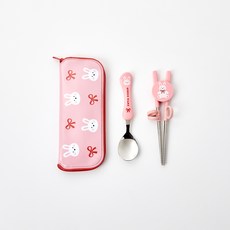 Modern House 孩童學習餐具組, 1套, 蝴蝶結兔子, 湯匙 + 學習筷 + 拉鍊盒