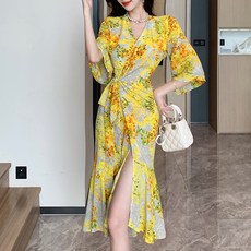 LUNA GIRL 女款Claire荷葉邊裹身連身裙 L25SMOPS033127, 黃色