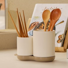 Iwooa 百褶雙格瀝水二格一體式餐具筒, 象牙白, 1個