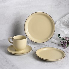 Kanesuzu Clarice 圓形咖啡杯 + 單人早午餐套餐 3件組, 1套, 圓盤1號 + 2號 + 圓形咖啡杯組合, 象牙白