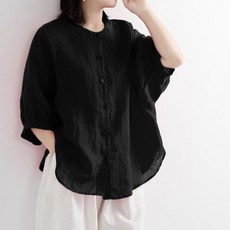 마더브띠 여성용 통기성 라운드넥 린넨 슬리브 셔츠