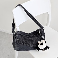 FROMHEAVEN Cabinya 休閒牛仔斜背包 + 鑰匙圈組, 黑色(斜背包) + 鑰匙圈(隨機出貨)