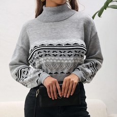 레몬소울 여성용 쟈민 노르딕 패턴 목폴라 니트 티셔츠