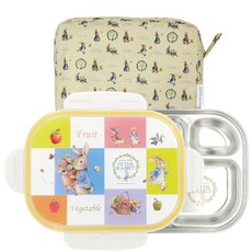 彼得兔 3304 鎖扣式不鏽鋼便當盒組, 餐盤+便當蓋+便當袋, 1組, 象牙白