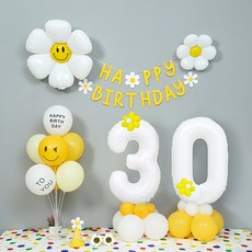 파티랑 데이지 두자리 숫자 풍선 30 + 가랜드 + 생일 풍선 장식 세트, 화이트 숫자대30, 1세트