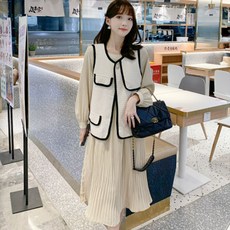임산부 조끼 + 주름 긴팔 임부복 롱 투피스