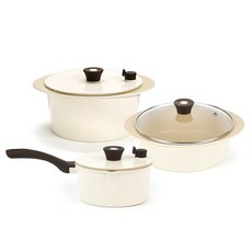 PAllAS IH爐適用鈦晶陶瓷不沾湯鍋 3件組, 18cm單手鍋+24cm雙耳鍋+24cm火鍋+18cm蓋子+24cm蓋子+24cm玻璃蓋, 乳白色