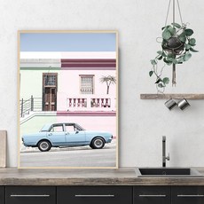 Mabel In Home 天藍色汽車原木畫框海報組, 米色