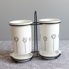 몬드스팟 물빠짐 세라믹 꽃 플라워 수저통 2구 + 받침대 2p + 꽂이 세트 YY57421, 화이트 F, 1세트