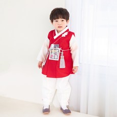Doha Hanbok 男童用紅色天鵝絨頂級高級韓服套裝