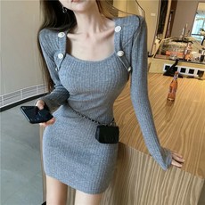 PEONIST 女款修身方領豎條紋連身裙, 灰色