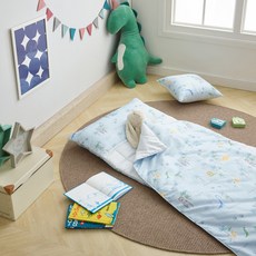 SesaOnline 孩童用絎縫恐龍印花超細纖維防蟎午睡墊被+鋪棉枕芯組, 藍色