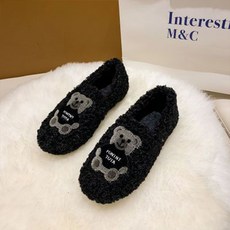더플로우 여성용 복실복실 사랑스러운 곰돌이 플랫모카신