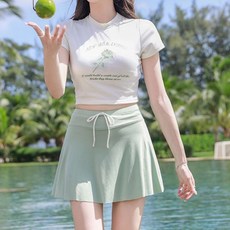 Goodif 女性飄逸短版上衣+喇叭裙泳裝套裝 8641, 綠色