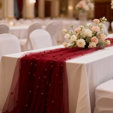 Alleophom 珠飾蕾絲雪紡派對桌旗 L261-0092, 酒紅色, 1個, 160 x 100 cm