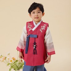 Baby Myeongju Boy's Pink Flower Water Baeja + Jeogori + 褲子韓服套裝