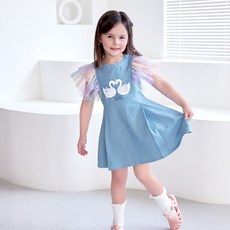 WALTONKIDS 女童透氣彩虹荷葉邊丹寧洋裝